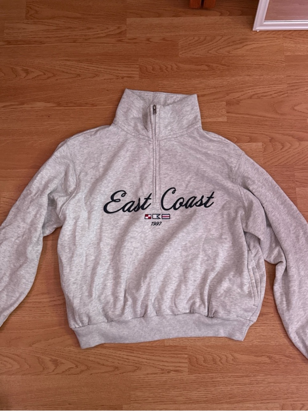 Hollister Light Gray 'East Coast' Quarter-Zip Sweatshirt with Navy Script